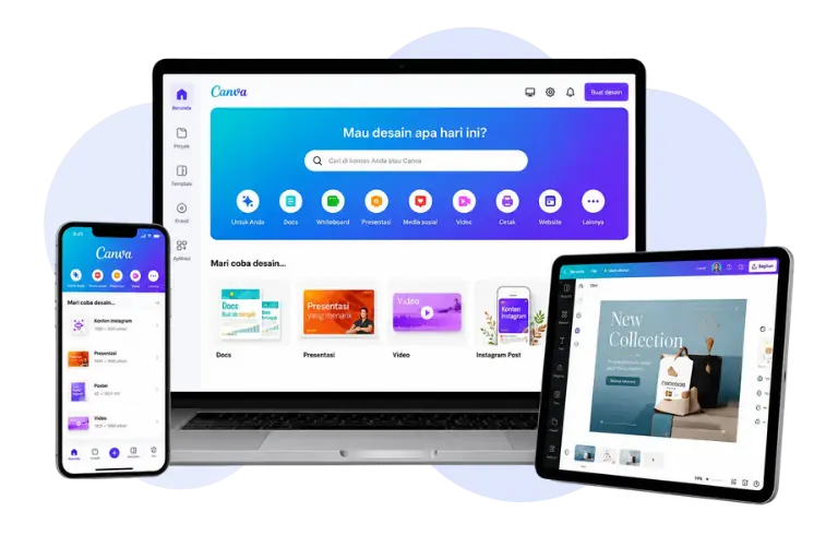 Canva Premium di laptop, HP, dan tablet